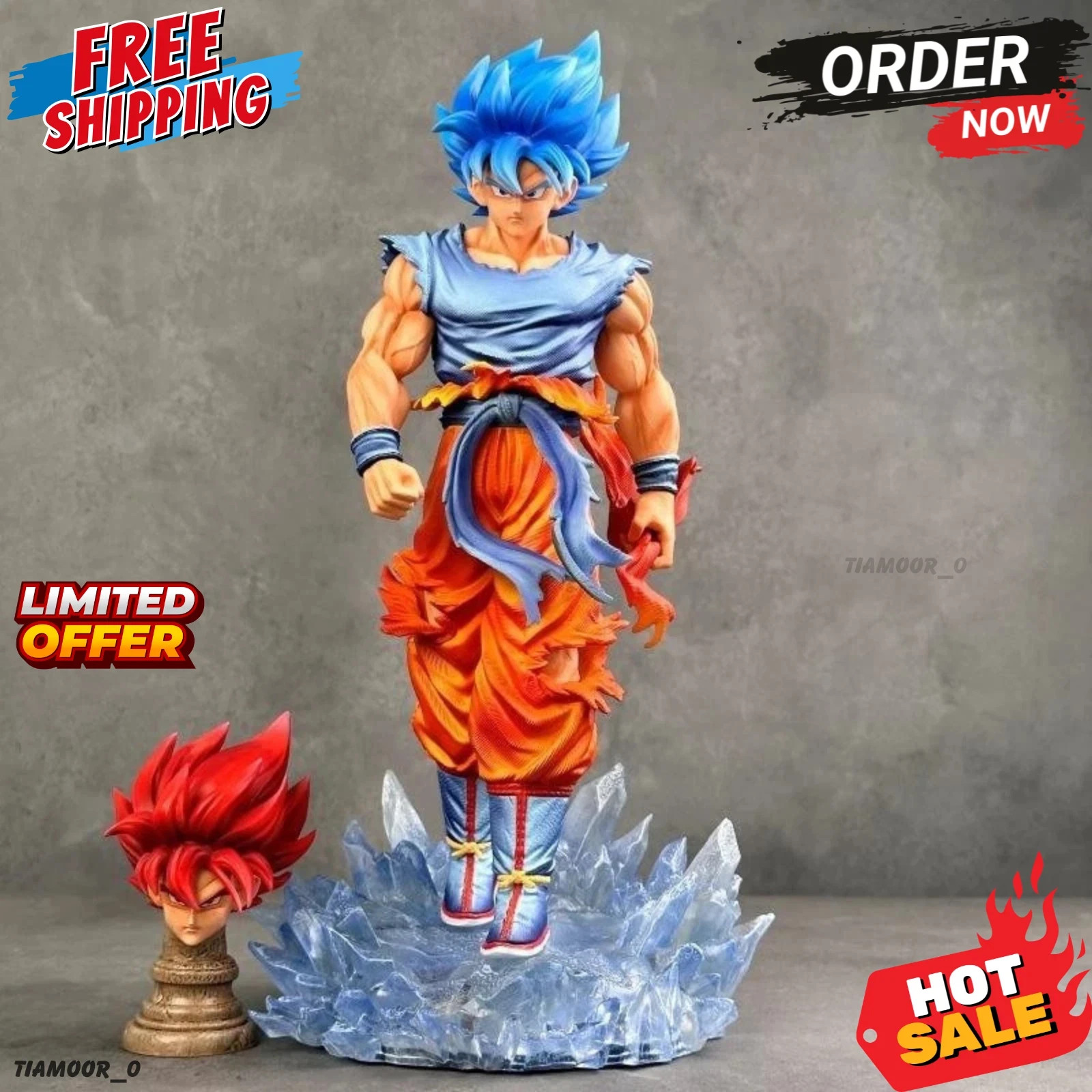 33CM Dragon Ball Son Goku Figure Statue Super Saiyan Blue Red Hair Anime LED