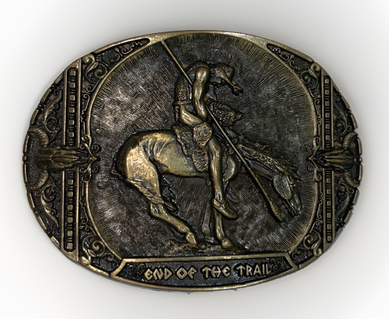 Montana Silversmiths End of the Trail Native American Vintage Brass Belt Buckle Montana Silversmiths End of the Trail Native American Vintage Brass Belt Buckle