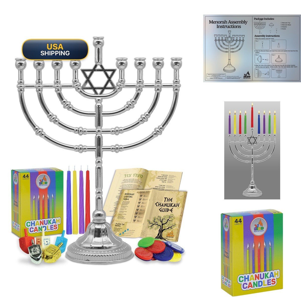 Ner Mitzvah 2023 Version Hanukkah Menorah Set with Candles Dreidels Coins Guide
