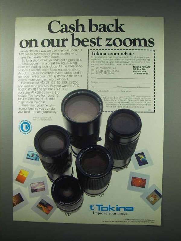 1984 Tokina ATX Series Zoom Lenses Ad - Cash Back 1984 Tokina ATX Series Zoom Lenses Ad - Cash Back