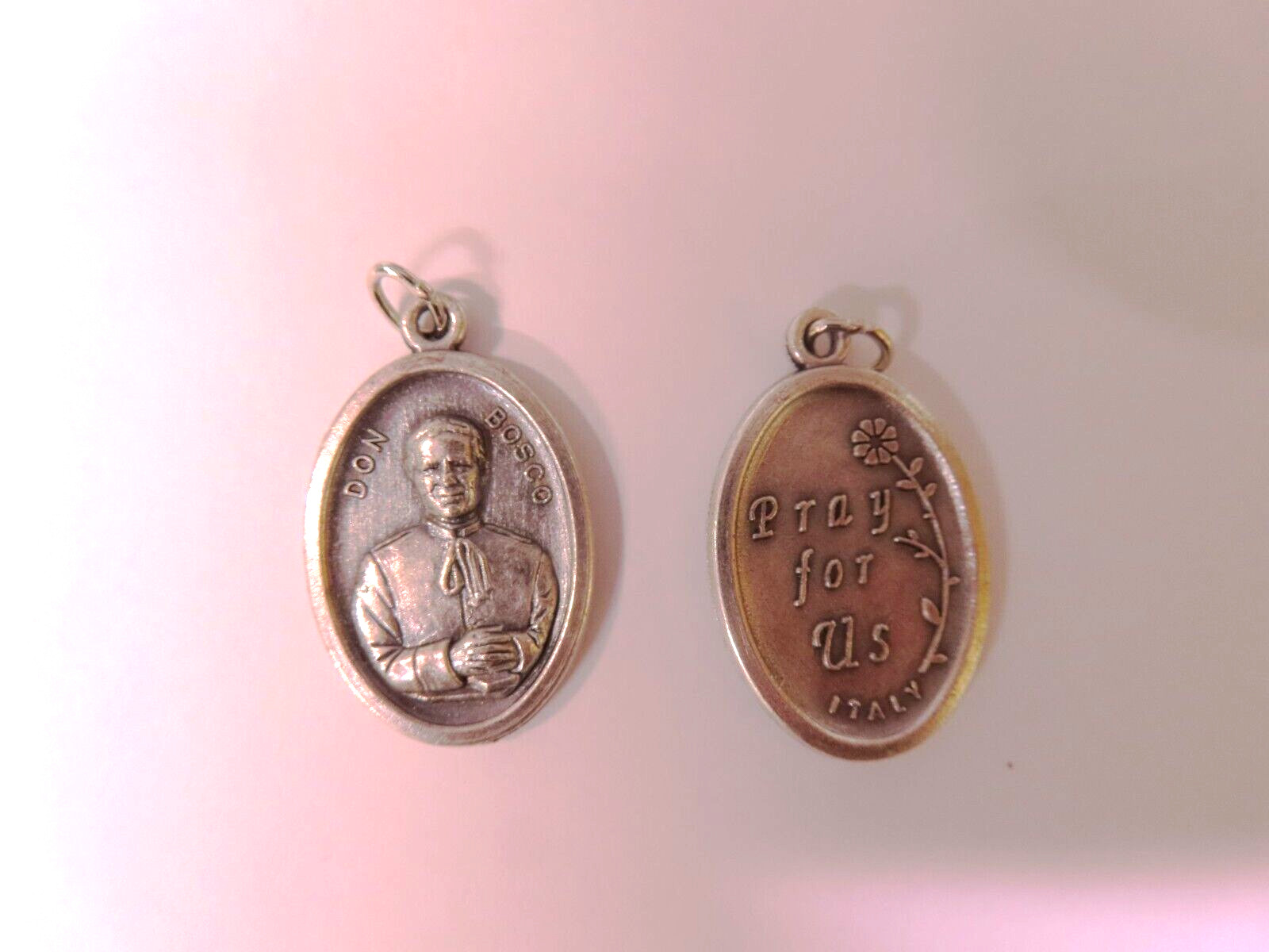 Saint John (Don) Bosco Pray for Us w/flower Italian Silver-Tone OX 1 inch Medal