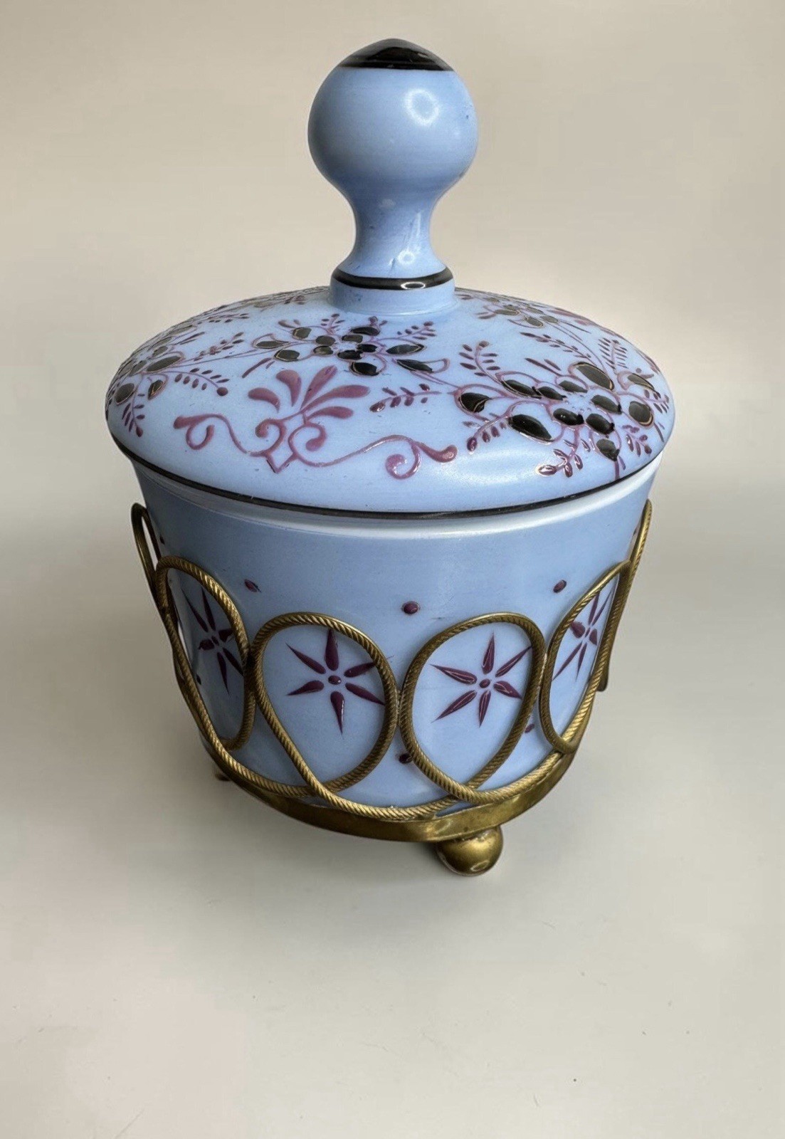 VTG Hand Painted Periwinkle Opaline Milk Glass Powder Jar Enamel Florals Basket VTG Hand Painted Periwinkle Opaline Milk Glass Powder Jar Enamel Florals Basket