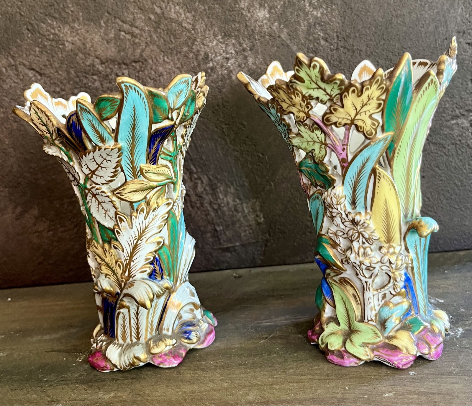 19th C Antique English Coalport Porcelain Pierced Botanical Vases 19th C Antique English Coalport Porcelain Pierced Botanical Vases