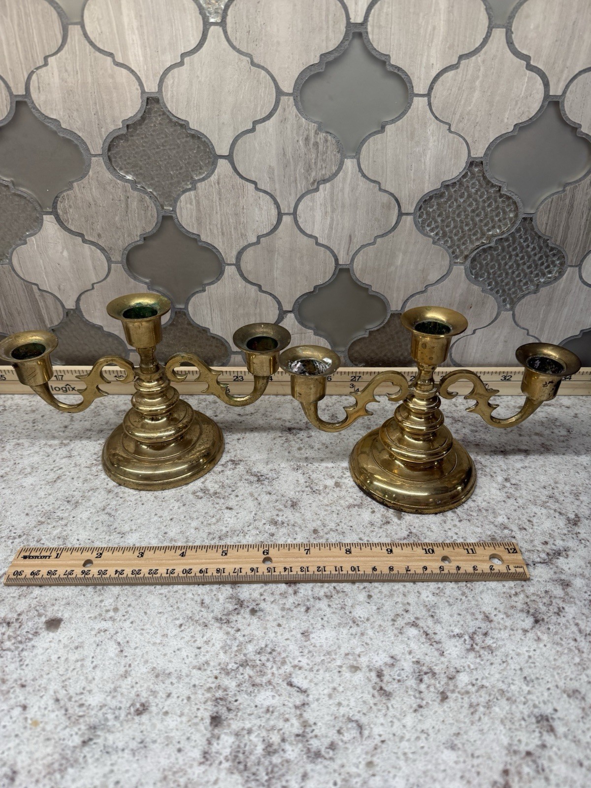 Vintage Pair Brass Triple Candle Holders Candelabra 5”x 7” Made In Japan Vintage Pair Brass Triple Candle Holders Candelabra 5”x 7” Made In Japan