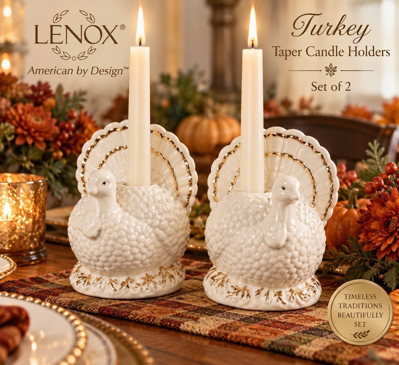 Vintage 1997 Lenox Turkey Taper Candle Holders Set of 2 NIB Sealed Porcelain Gol