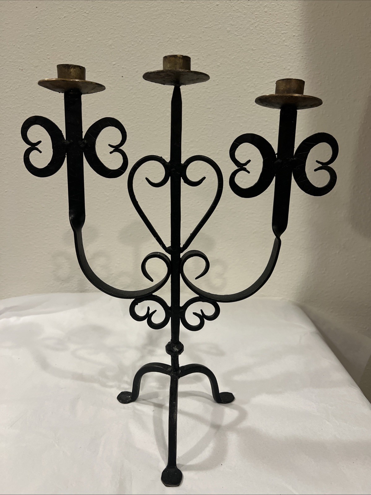 Vtg Brutalist Style Hand Forged Candelabra Candle Holder 3 Arm Gothic Black