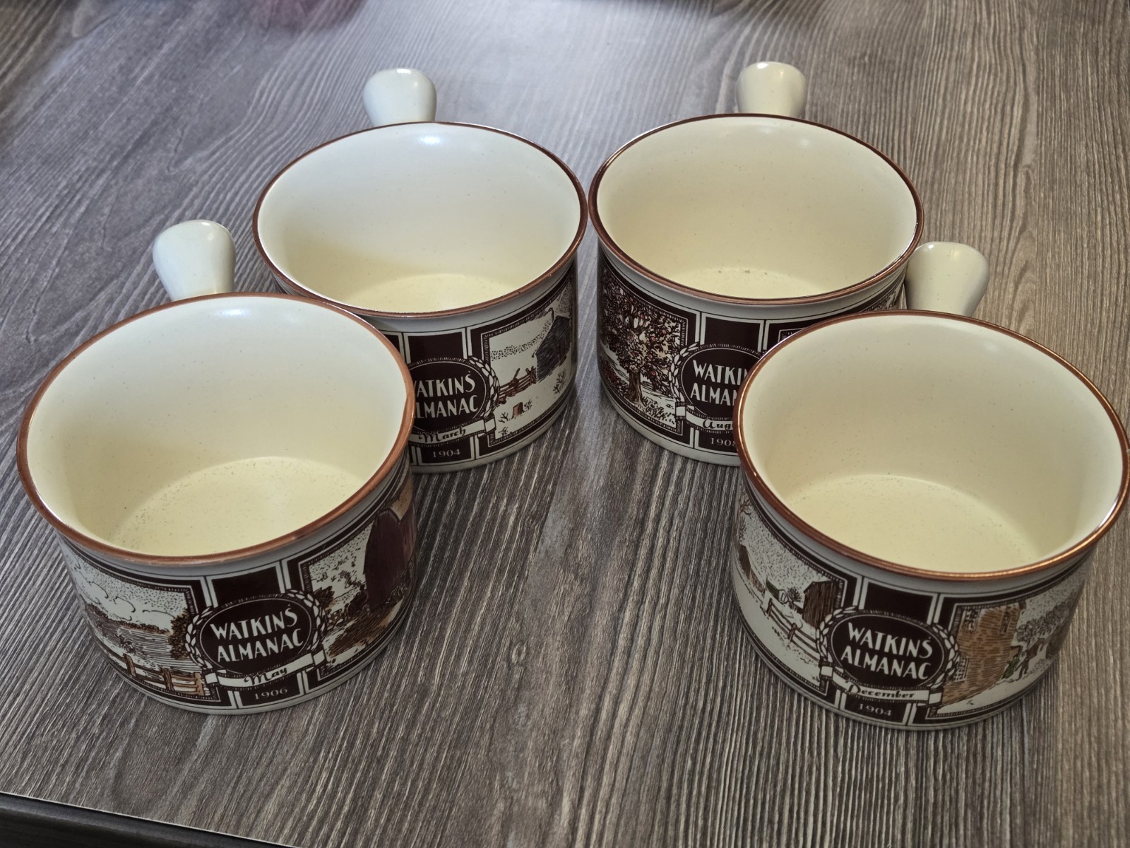 Vintage 1986 Watkins Almanac Stoneware Soup Mug Handled Bowls Set of 4 1 Chipped