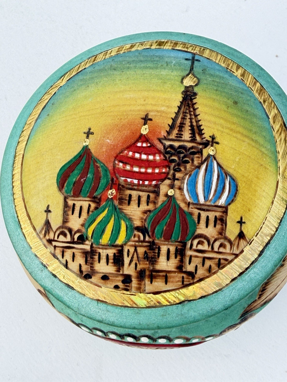 Vintage Hand-Painted Russian St.Basil's Cathedral Wooden TrinketBox