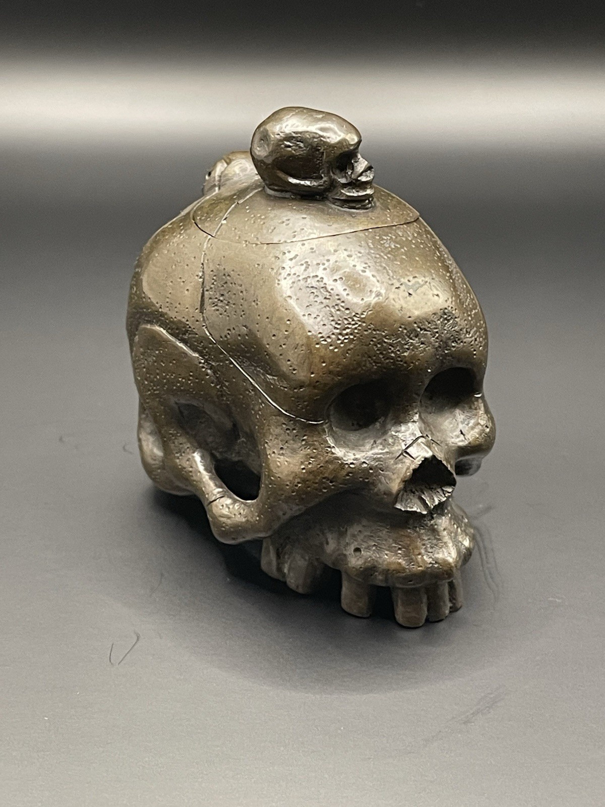 Rare Bronze Memento Mori Skull Inkwell/Box with Silver-Lined Lid Interior
