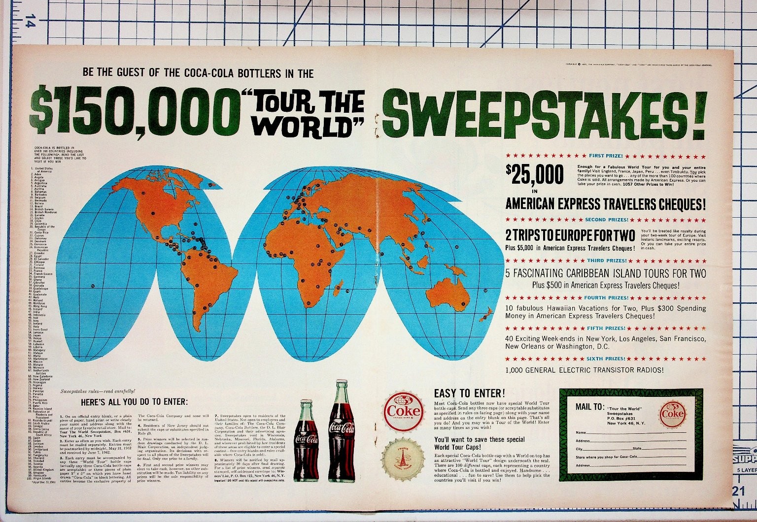 1962 Coca-Cola Tour the World Sweepstakes Vintage Magazine Ad Global Map 1962 Coca-Cola Tour the World Sweepstakes Vintage Magazine Ad Global Map