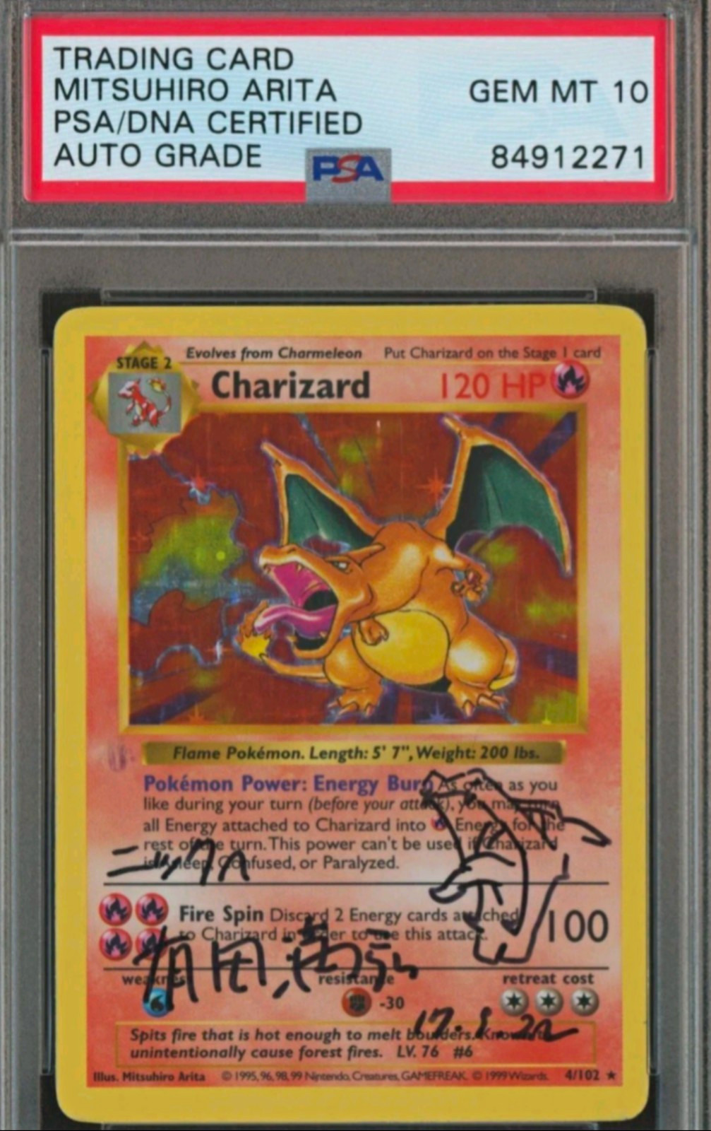 Shadowless Charizard Base Set Holo 4/102 1999 Arita Autograph Sketched PSA/DNA