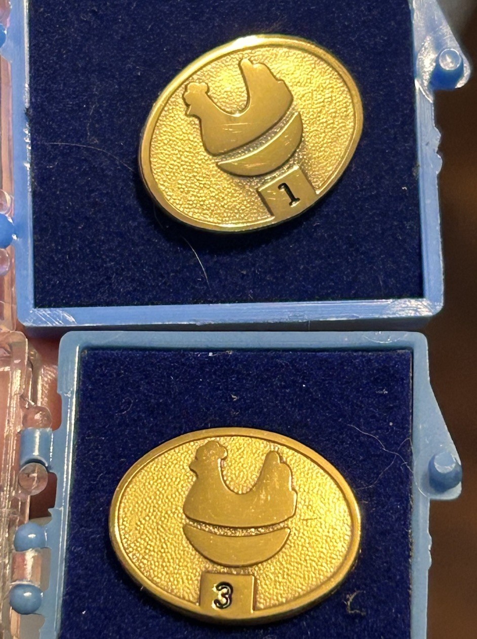 Vintage White Hen Pantry Employee Service Pins 1 & 3 Year Set with Boxes Vintage White Hen Pantry Employee Service Pins 1 & 3 Year Set with Boxes