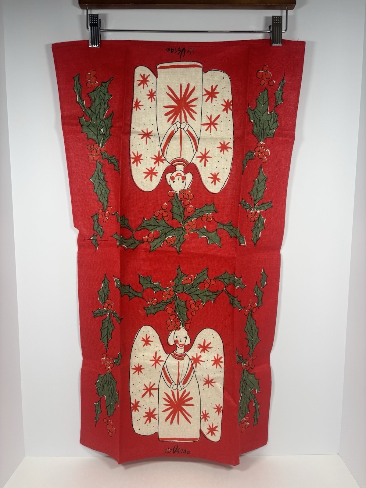 Vintage Vera Christmas Tea Towel Angels Holly Red Mid Century 29x17 Vintage Vera Christmas Tea Towel Angels Holly Red Mid Century 29x17