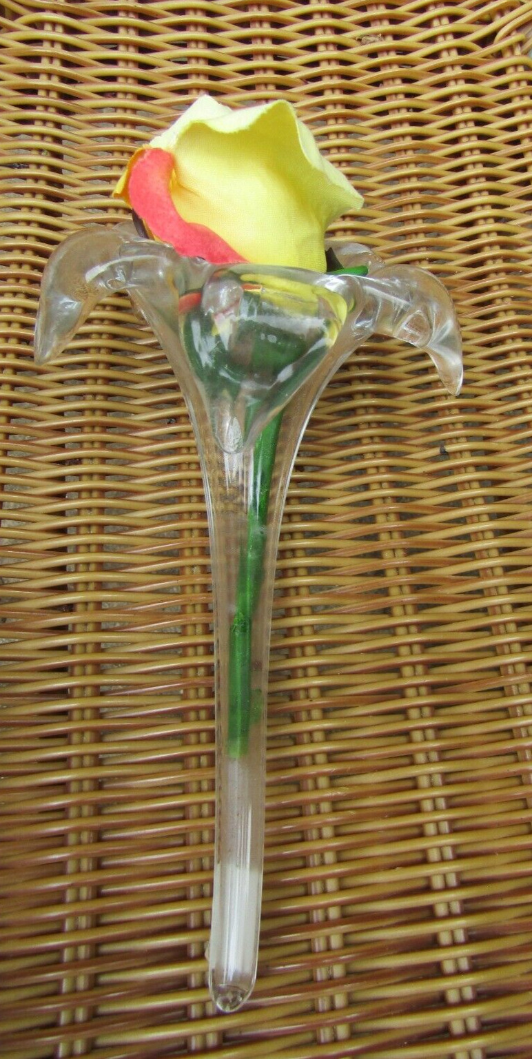 Older Clear Glass Lily Shaped Flat Bud Vase with Artificial flower glued in