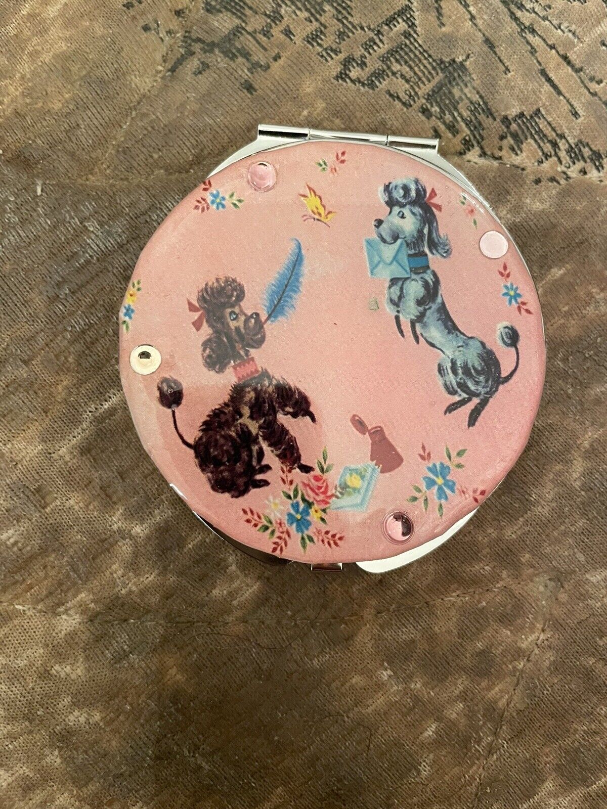 Retro 1950s Pink Poodle Bejeweled Round Silver Mirror Compact