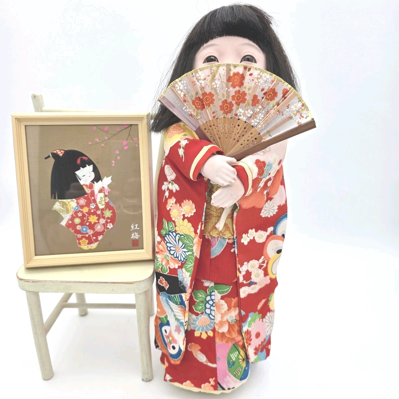 Vintage Japanese Doll Ichimatsu Style Oyama Maiko Geisha Kimono Fan & Framed Art