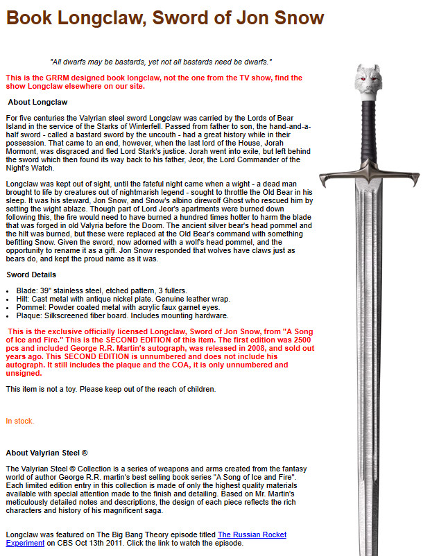 Valyrian Steel Longclaw Sword of Jon Snow (Book Edition 1 of 2500)(1st Edition)