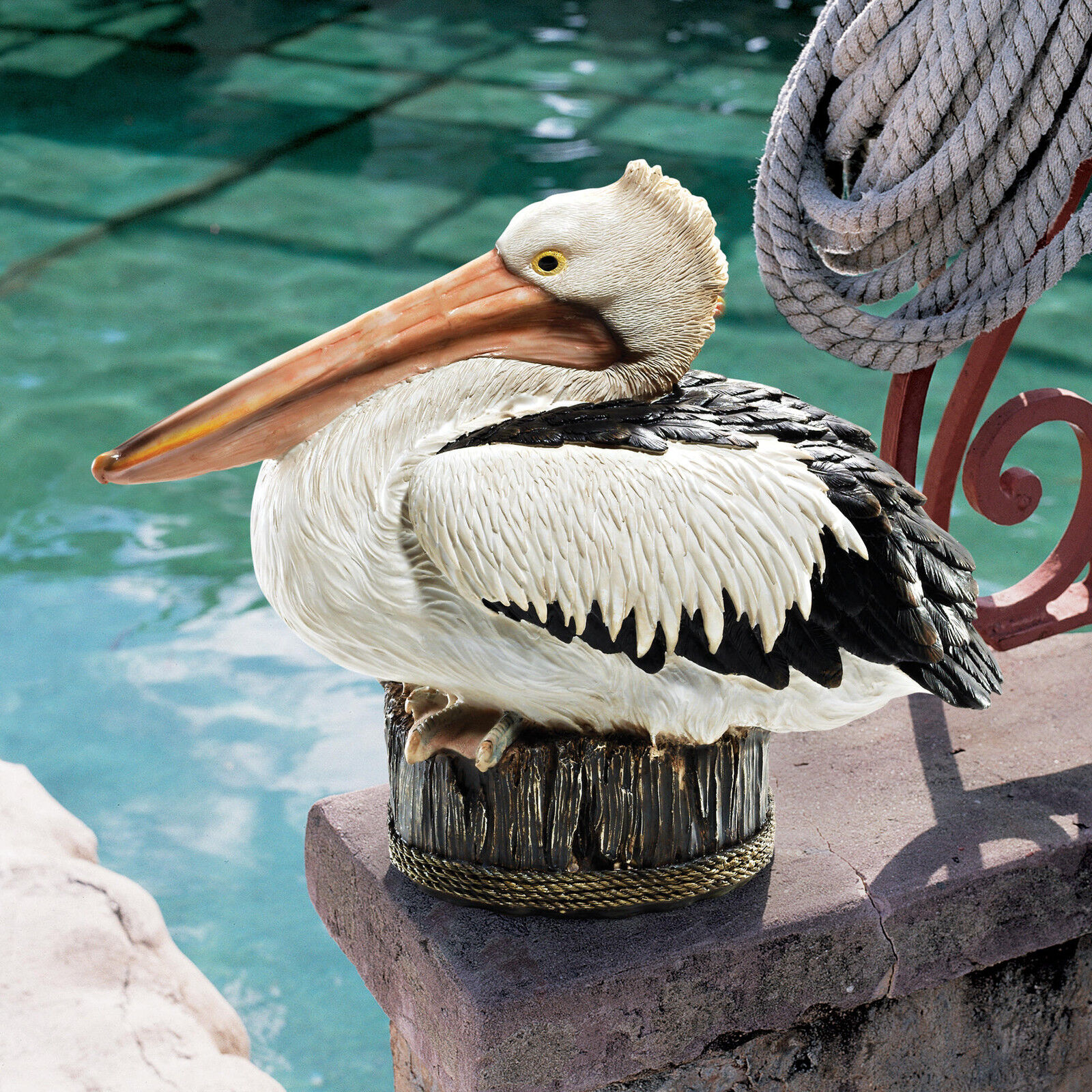 Coastal Decor Perched Pelican on Roped Piling Ocean Seaside Dock Sculpture