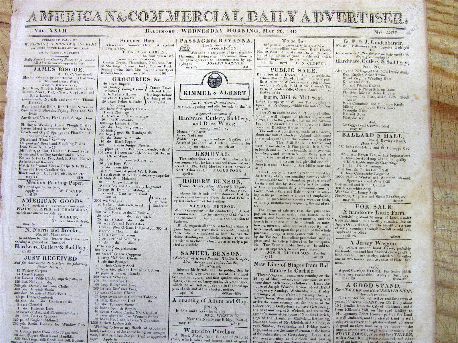 1813 Baltimore MARYLAND newspaper w AD FEMALE SLAVE & HER CHILD FOR SALE +2 more