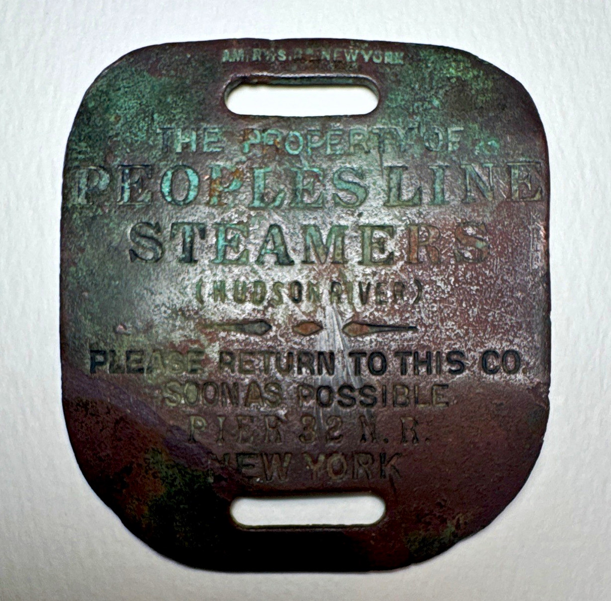 Antique People’s Line Steamers Brass Baggage Tag Hudson River Pier 32 NY Albany Antique People’s Line Steamers Brass Baggage Tag Hudson River Pier 32 NY Albany