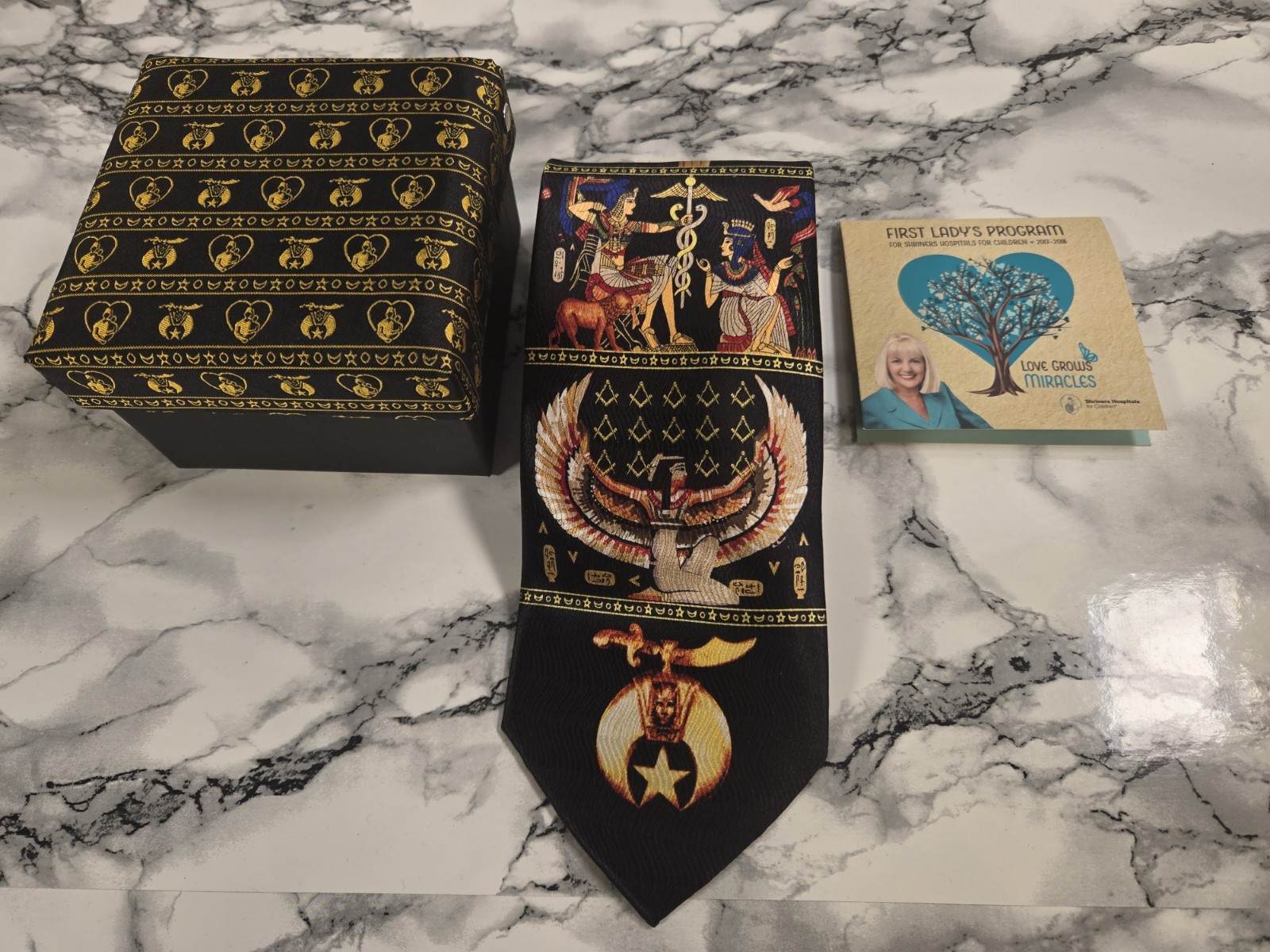 NEW - Egyptian Themed Shriners Shriner Black And Gold Mason Masonic Tie With Box