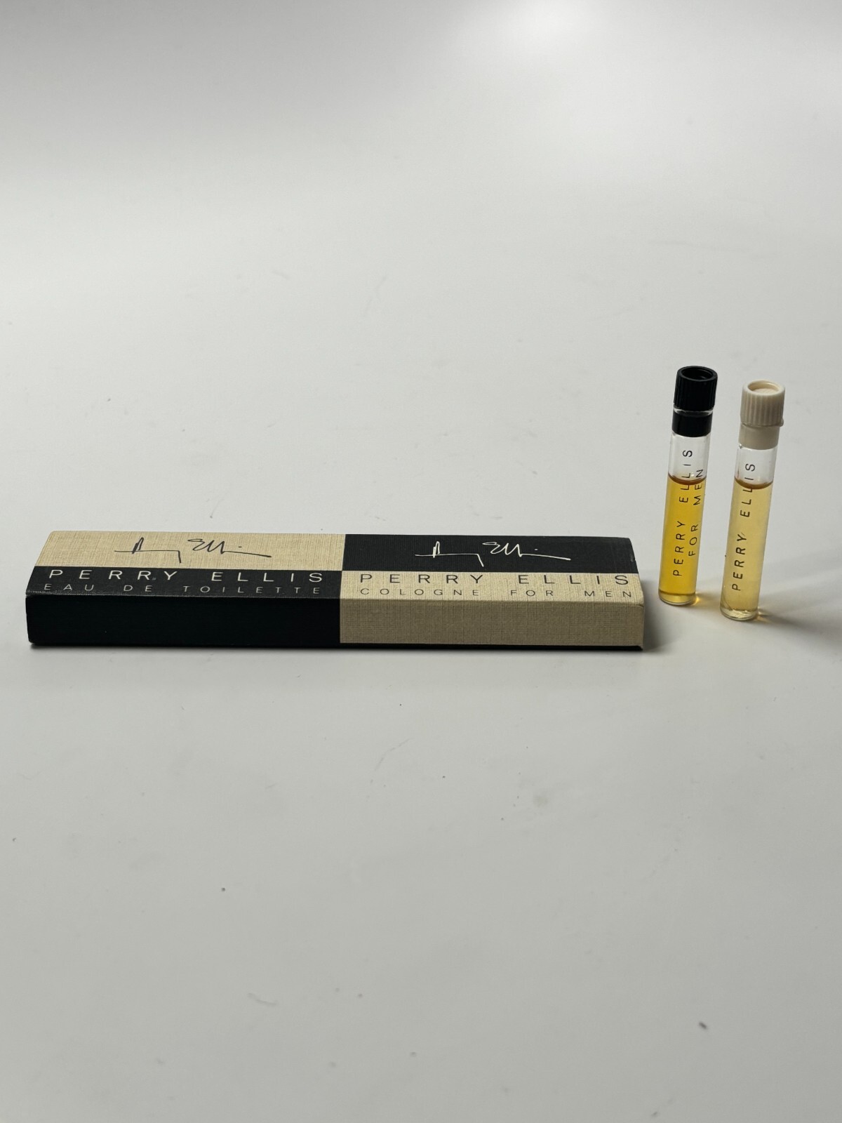 2 Vintage 1985 PERRY ELLIS for Men with Box Sample Vials 1.2cc Men Cologne Set
