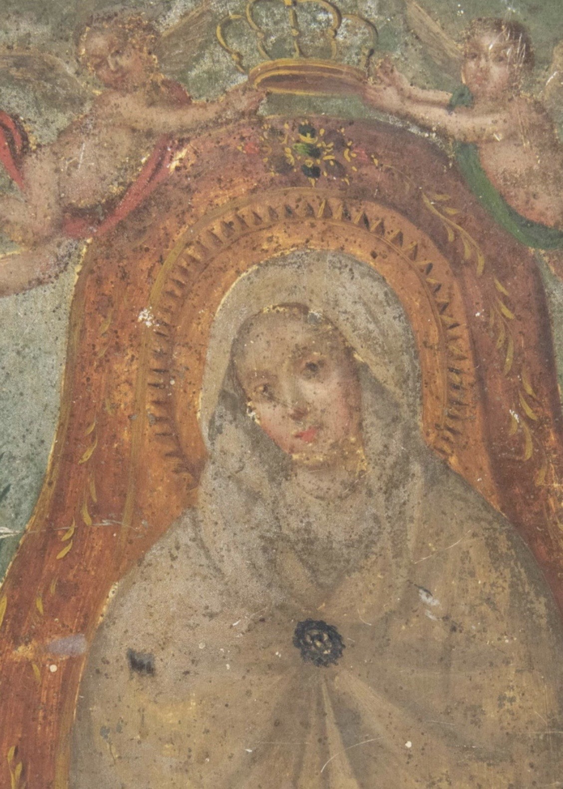 Retablo, 1800’s Oil Painting on Tin, Blessed Mother Mary , Guardian Angels, Retablo, 1800’s Oil Painting on Tin, Blessed Mother Mary , Guardian Angels,