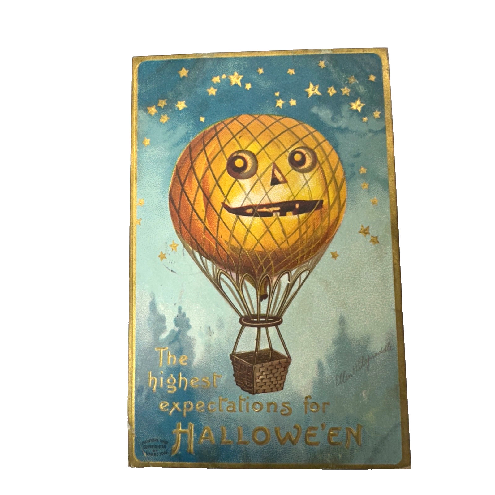 1909 Halloween Postcard Jack O Lantern Hot Air Balloon Ellen Clapsaddle Germany