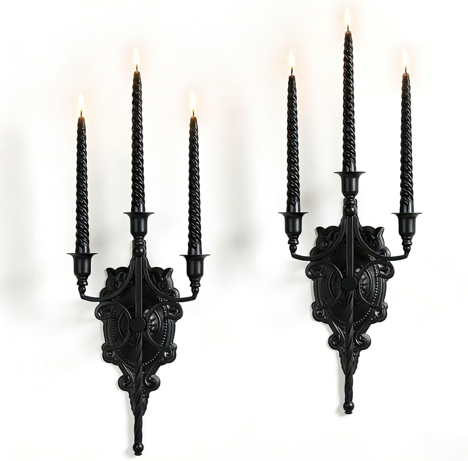 3-Arm Gothic Wall Sconce Set of Two, Victorian Metal Candle Holder for Taper Can 3-Arm Gothic Wall Sconce Set of Two, Victorian Metal Candle Holder for Taper Can