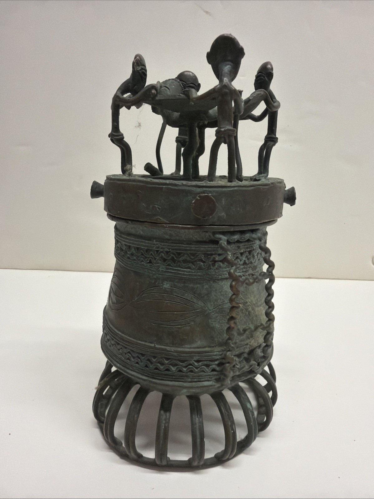 African Bronze Brass Figural Lidded Vessel Tribal Folk Art 7.5” 3.1 lb