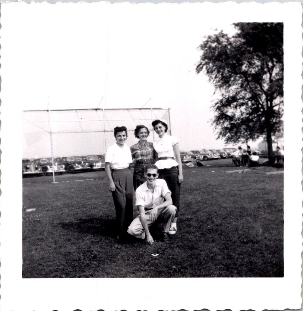 Smiling Young Friends on Grassy Field, 1950s B&W Snapshot Photo Smiling Young Friends on Grassy Field, 1950s B&W Snapshot Photo