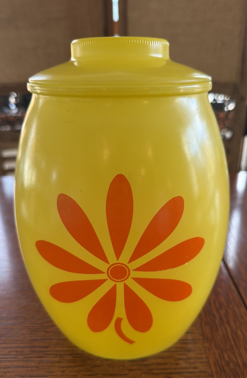 Vintage MCM Bartlett Collins Yellow W/ Orange Daisy Glass Cookie Jar. 9.5” Tall Vintage MCM Bartlett Collins Yellow W/ Orange Daisy Glass Cookie Jar. 9.5” Tall