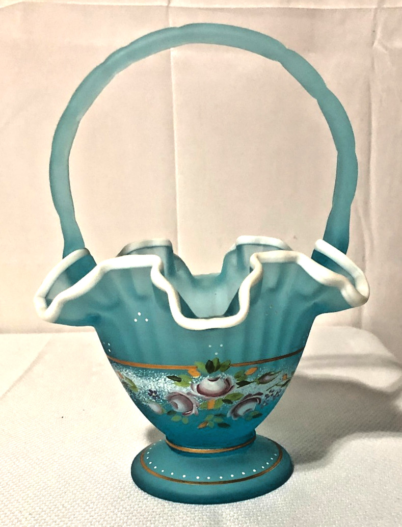 Vtg Fenton Hand Painted Charleton Collection Blue Satin/White Crest Glass Basket