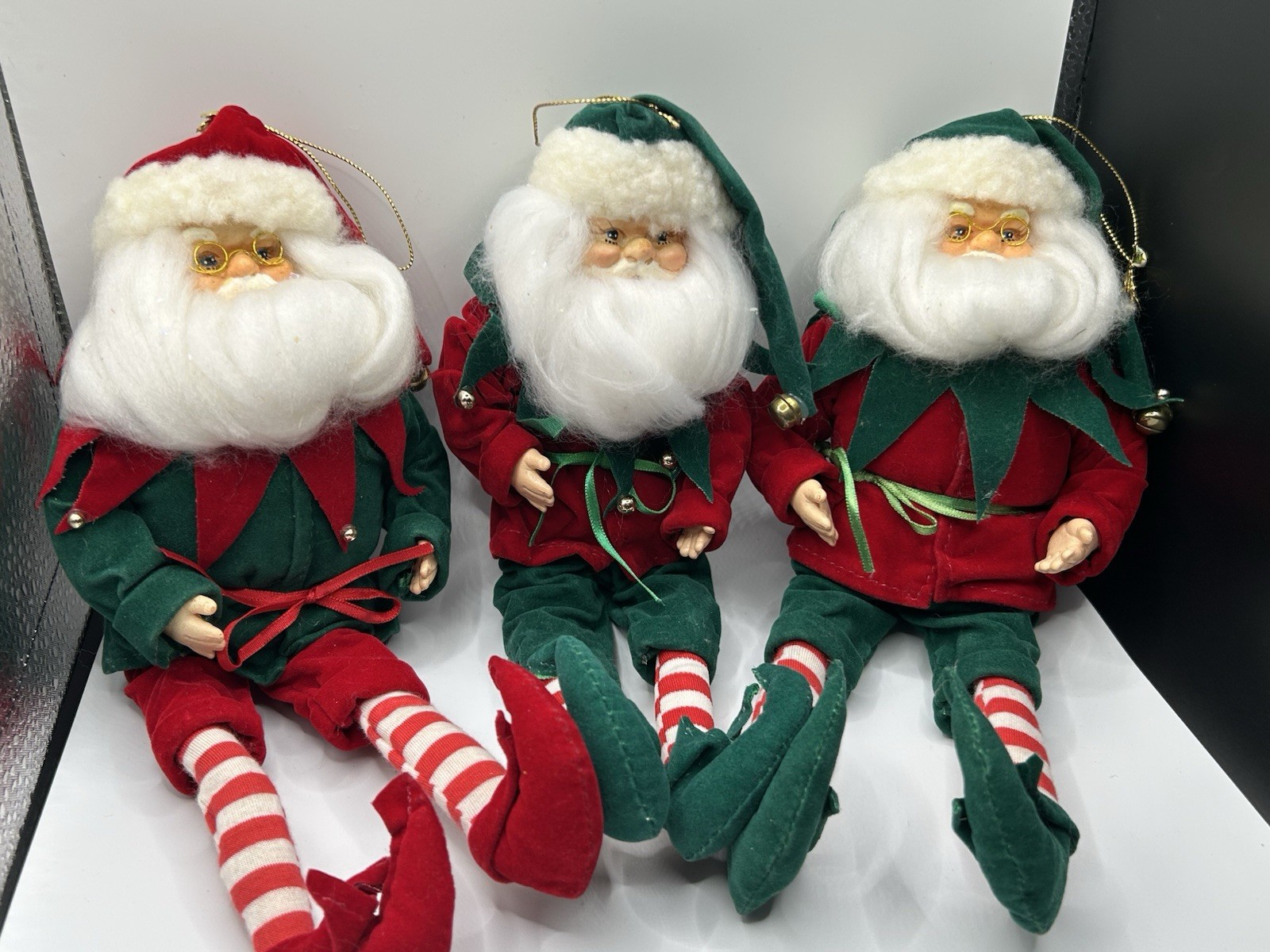 (3) VTG SILVISTRI 11” Christmas Santa Elves Ornament/ Poseable/mantle Huggers (3) VTG SILVISTRI 11” Christmas Santa Elves Ornament/ Poseable/mantle Huggers