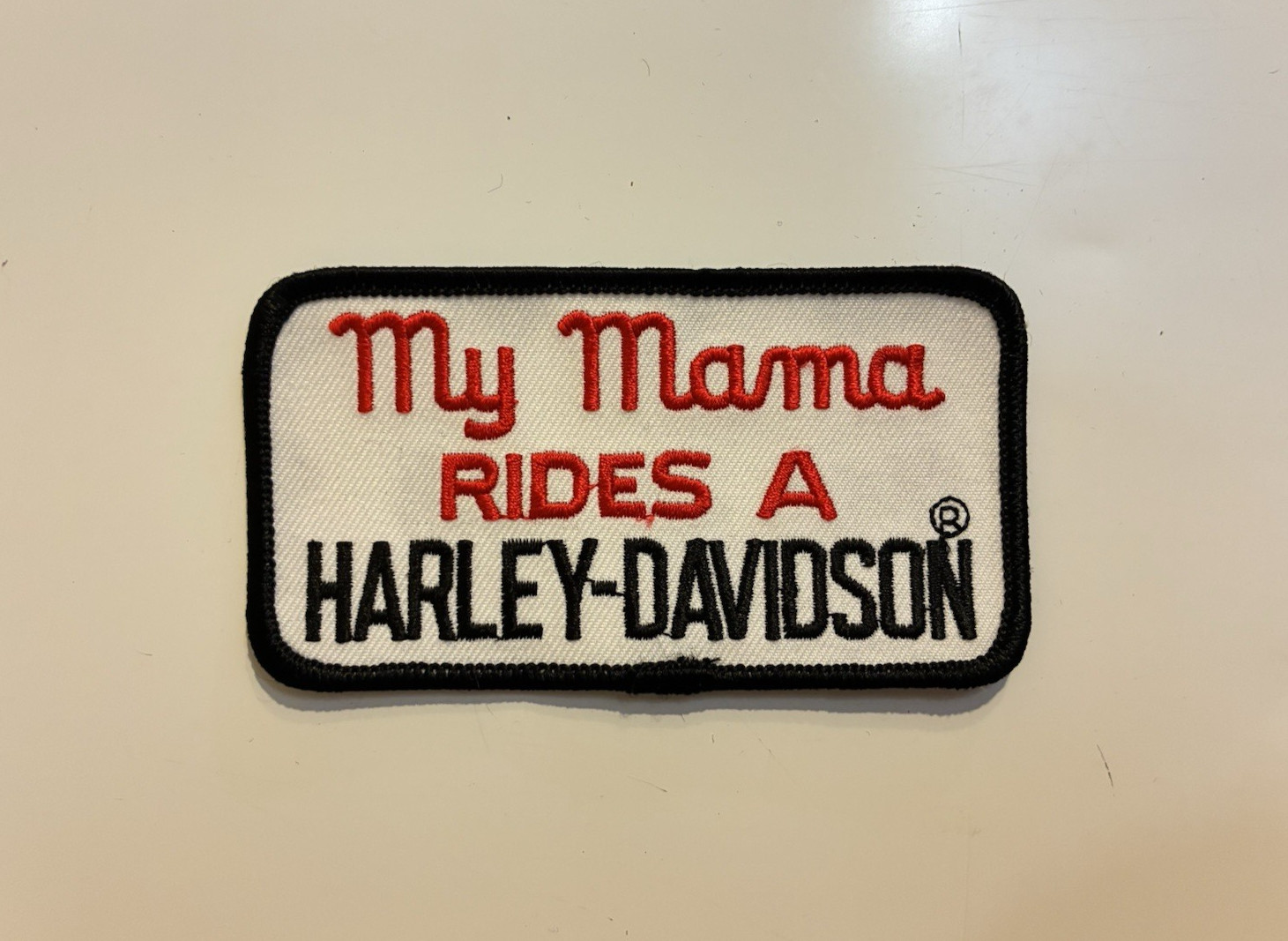 NOS 4” My Mama Rides A Harley Davidson patch HOG Motorcycle White Red Black