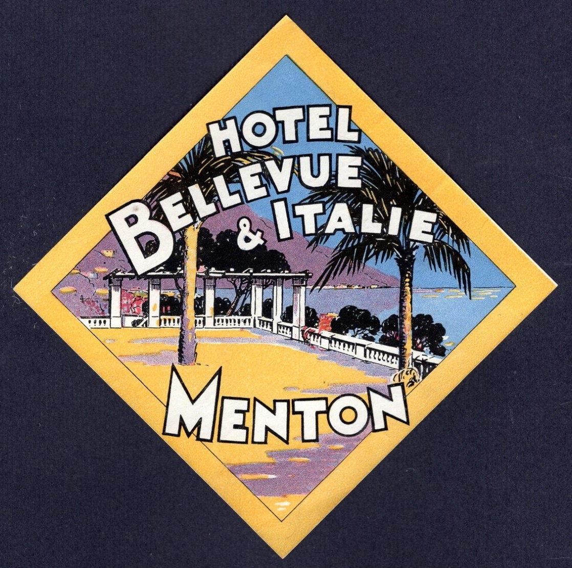 Vintage Hotel Luggage Label HOTEL  BELLEVUE  &  ITALIE  Menton