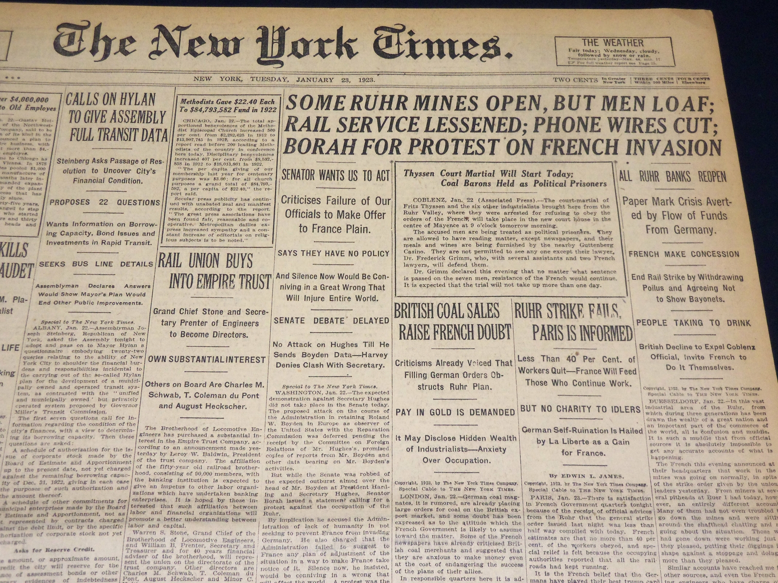 1923 JANUARY NEW YORK TIMES - SOME RUHR MINES OPEN, BUT MEN LOAF - NT 7904