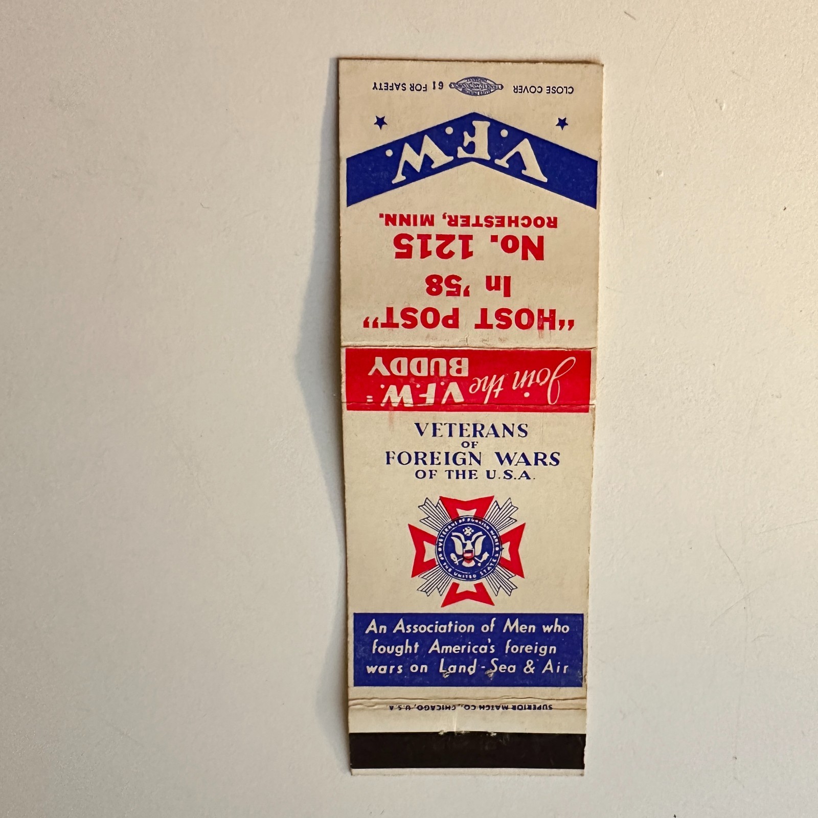 Veterans of Foreign Wars Rochester MN Vintage Matchbook Cover 5MB124-6