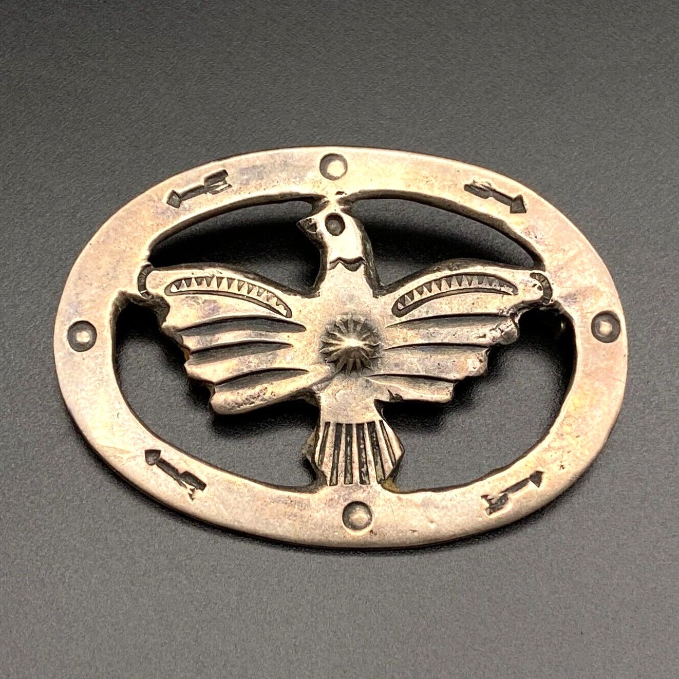 Vintage Navajo Native Thunderbird Arrow Hand Stampwork Repousse Silver Brooch