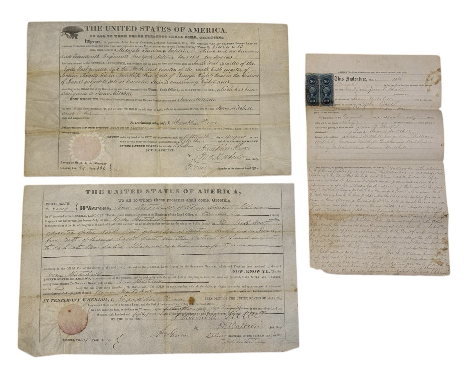 War of 1812 Bounty Land Grant 1853 IL Clay Co Isom Mitchell Micajah Townsend