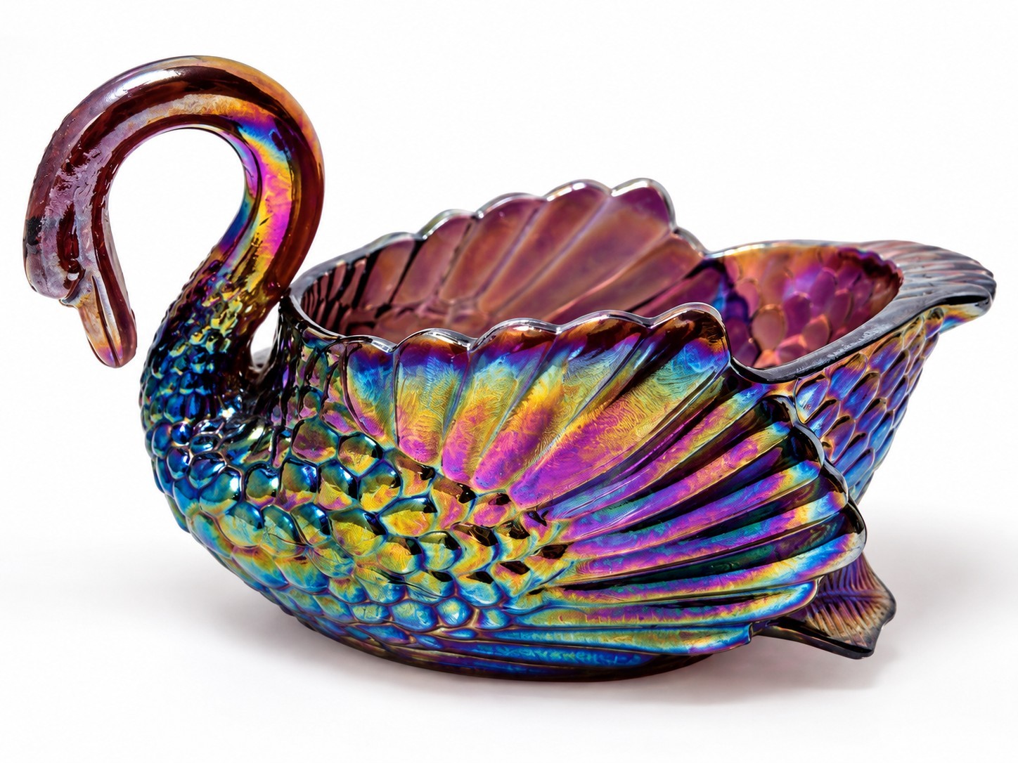 Summit Art Glass Amethyst Carnival Glass Swan Candy Dish Iridescent Vintage Summit Art Glass Amethyst Carnival Glass Swan Candy Dish Iridescent Vintage