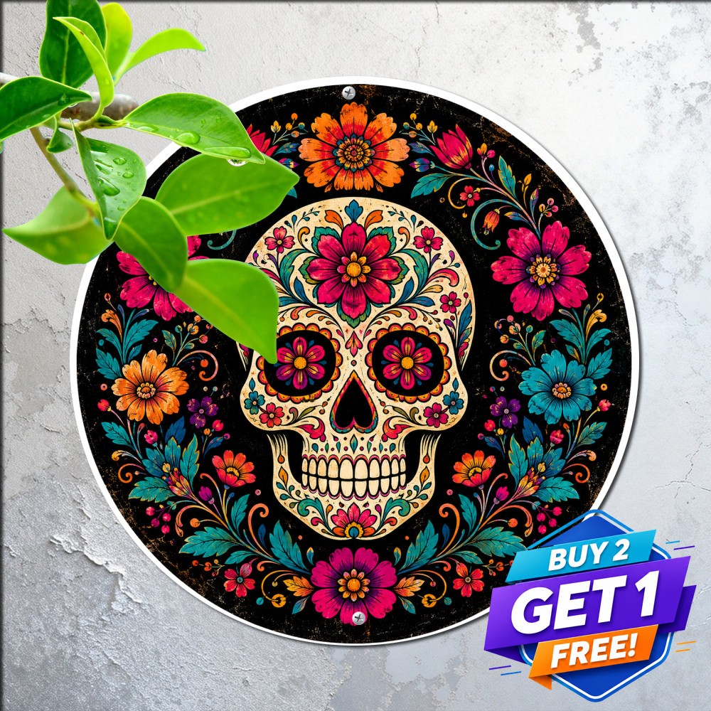 Vibrant Floral Sugar Skull Wreath Round Metal Sign Day Of The Dead Tin Plaque
