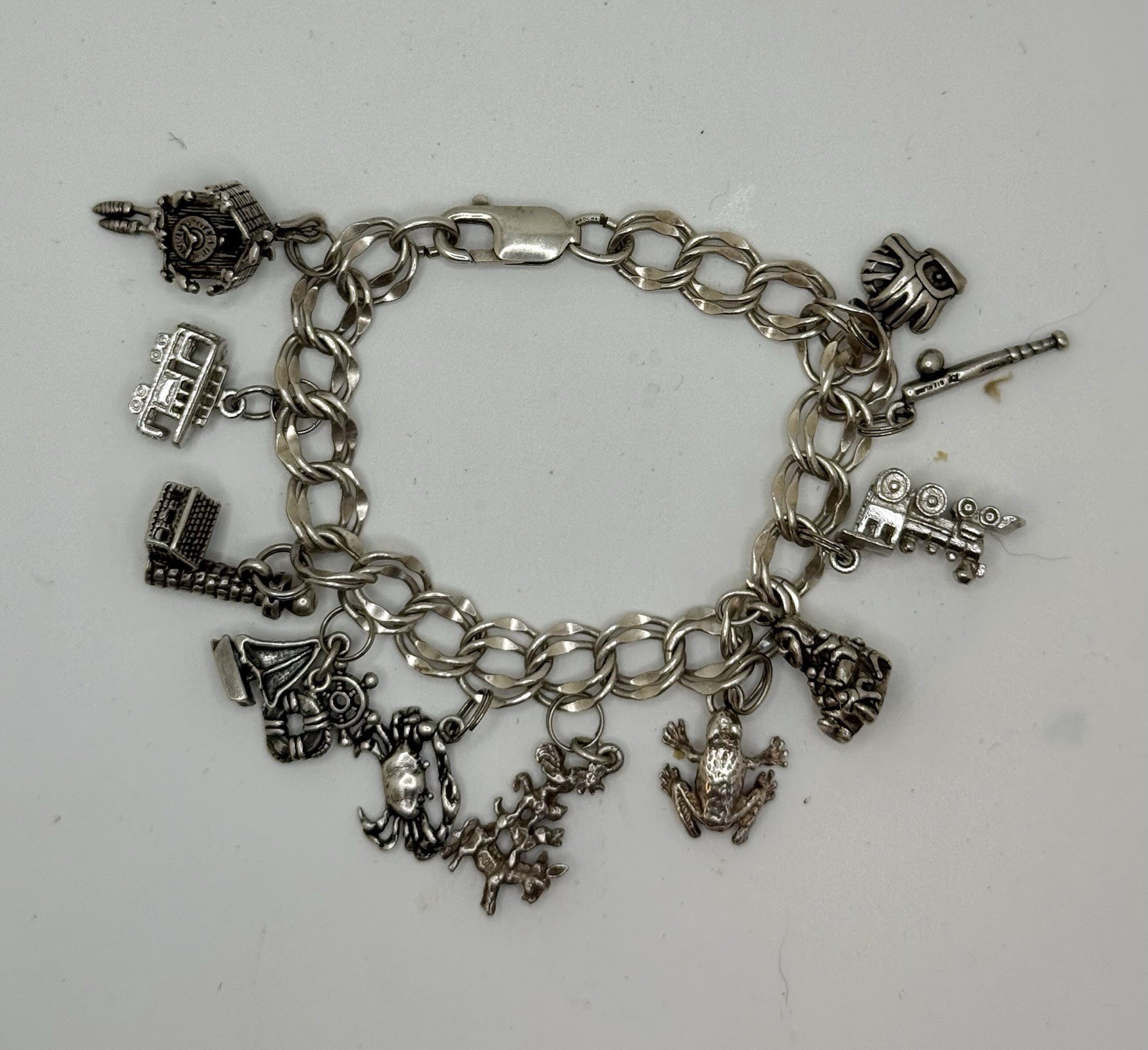 Vintage Sterling Charm Bracelet 11 Charms Mechanical Cuckoo Clock Bremen 32.8g