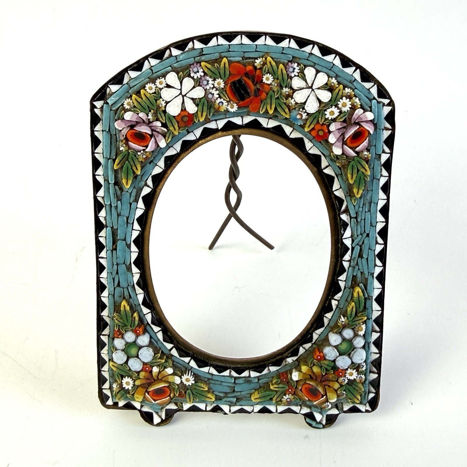 Antique Italian Micro-Mosaic High Relief Floral Picture Frame Brass Victorian