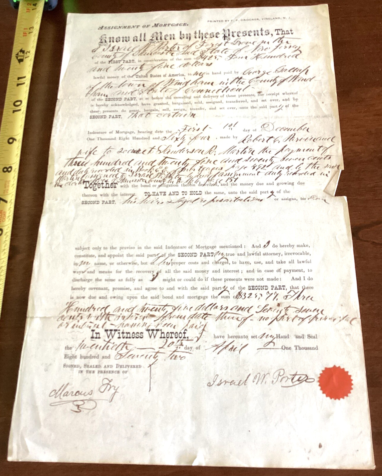 Signed 1872 Mortgage Assignment Israel W Porter George Gallup Forest Grove NJ