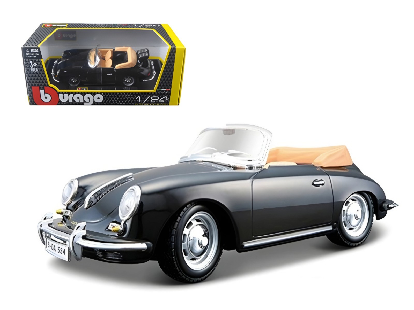 Bburago 1/24 Porsche 356B Cabriolet 1961 Black Diecast Collectible Model Car Bburago 1/24 Porsche 356B Cabriolet 1961 Black Diecast Collectible Model Car