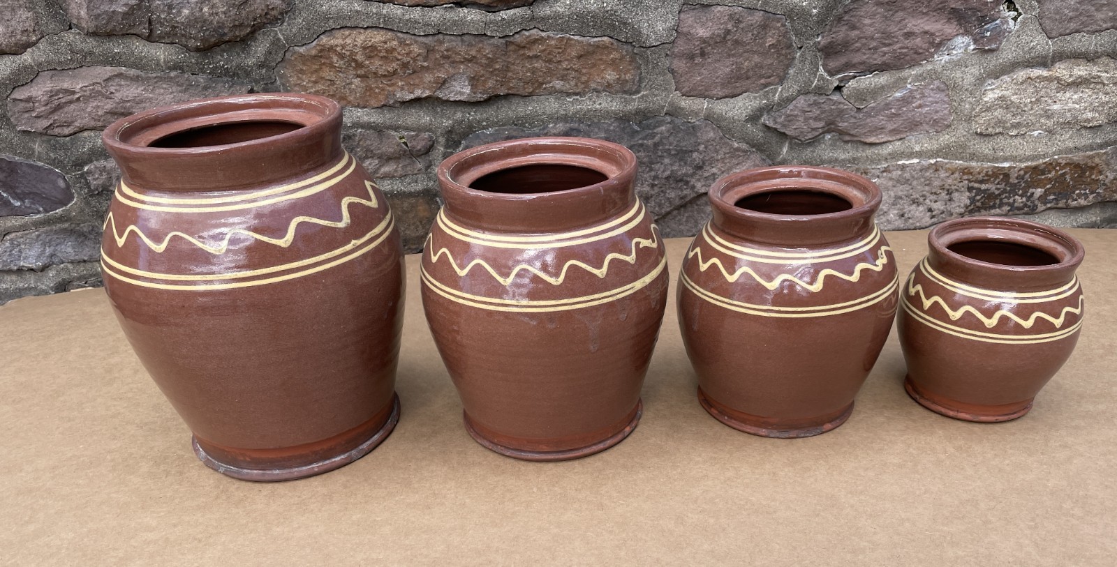 OUTSTANDING Wisconsin Pottery REDWARE Open Canister SET of 4 EA Stamp Huntley