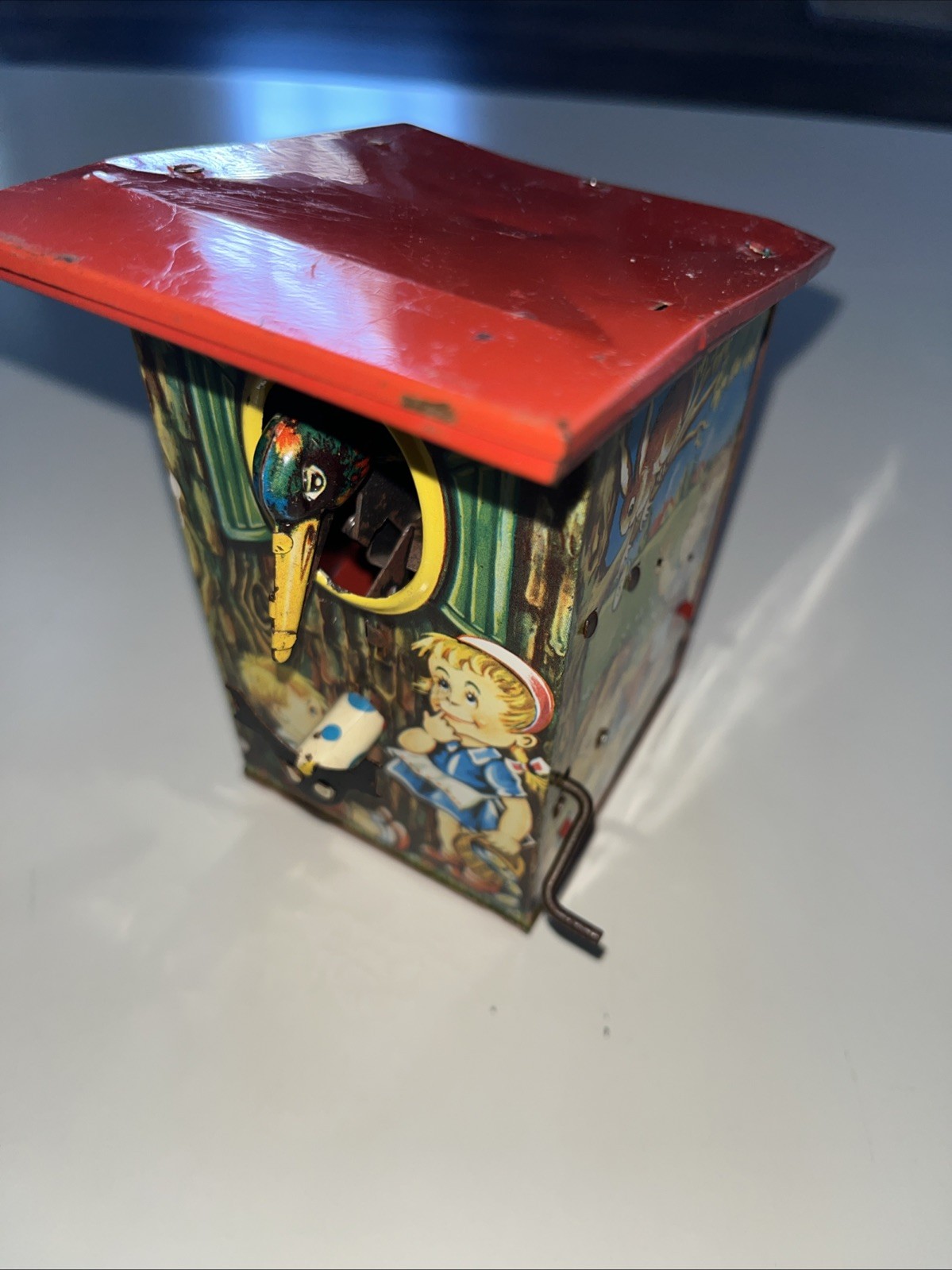 Vtg 1950’s LBZ German Tin Litho Mechanical Birdhouse Coin Bank W Germany