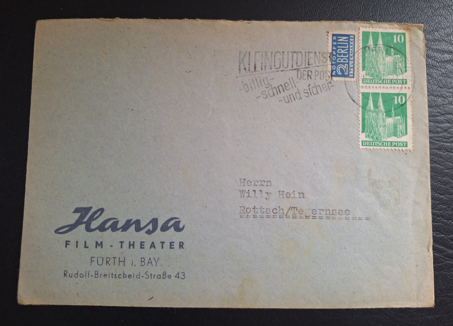 Vintage 1950s German Cover: Hansa-Film-Theater Fürth to Tegernsee - Brief