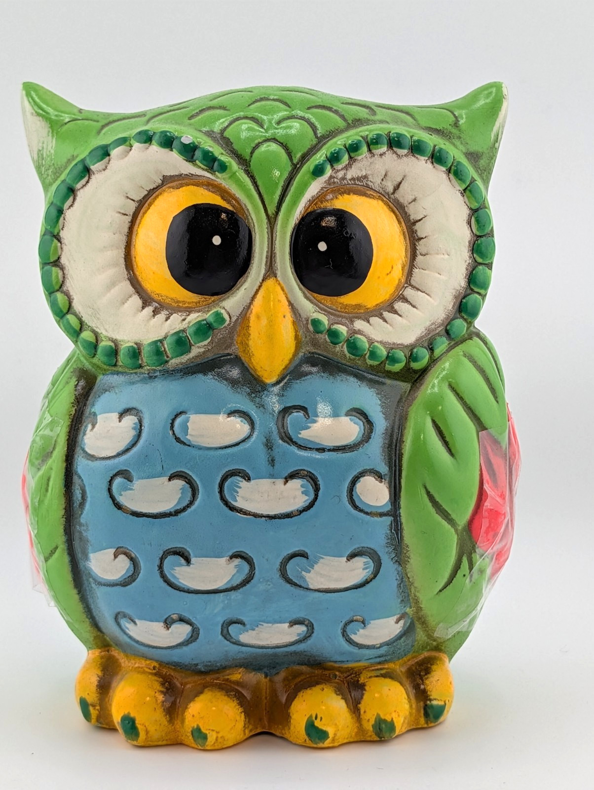 Vintage 1960 1970s Hand Painted Chalkware Owl Coin Bank Green Blue Japan Stopper